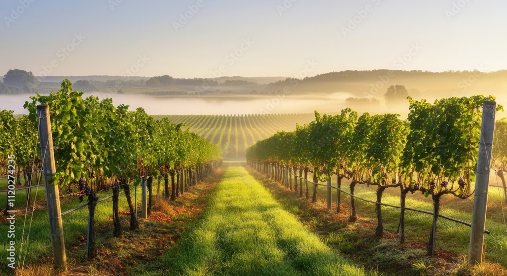 Naklejka premium Misty morning at lush vineyard with golden sunrise light