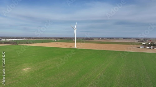 Expansive Aerial View of Midland, Michigan Farmland and Wind Turbine”