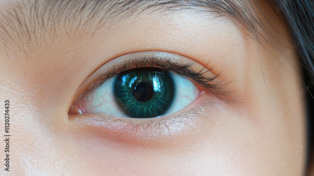 Obraz premium A striking teal eye of a Southeast Asian individual, glowing with radiant clarity and soft gradients