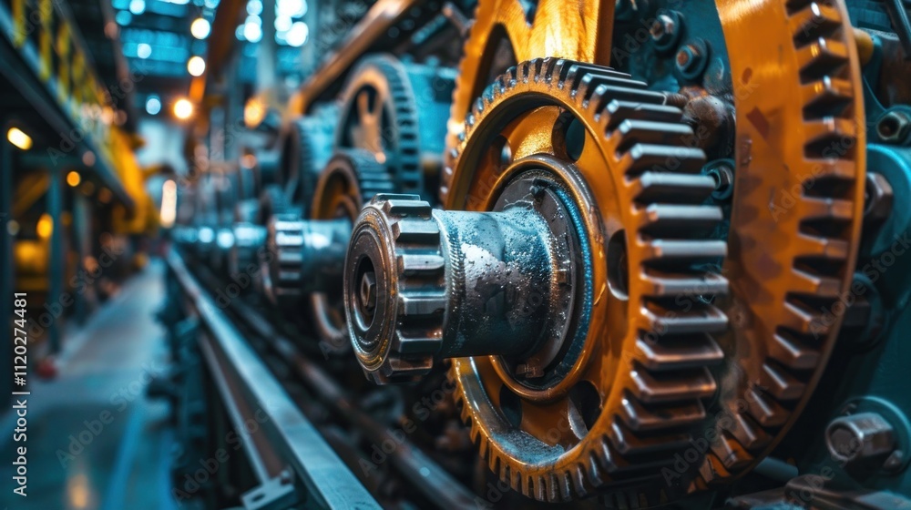 Close-up of industrial gears and machinery in a factory setting. Close-up of industrial gears and machinery in a factory setting.