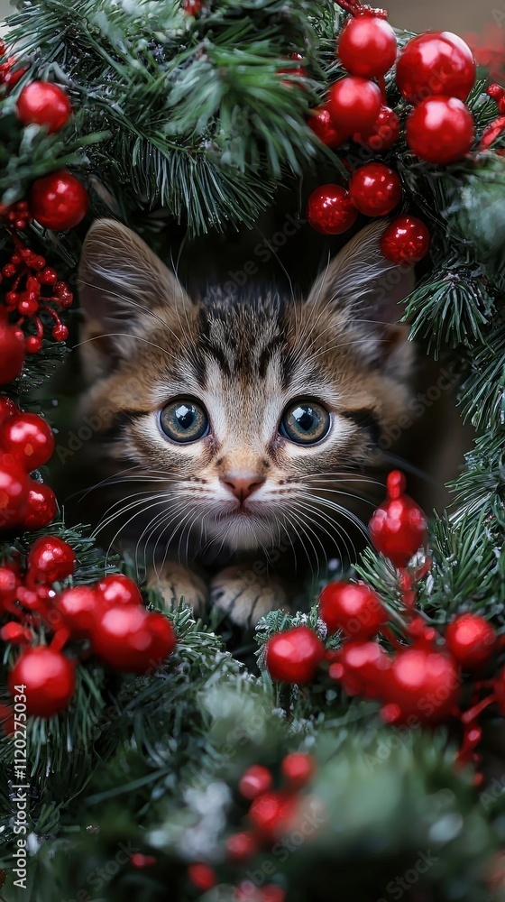 A curious kitten peeks through festive greenery and bright red berries, capturing the essence of holiday cheer. A curious kitten peeks through festive greenery and bright red berries, capturing the essence of holiday cheer.