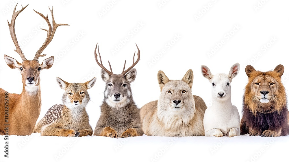 A lineup of diverse animals, including deer, lynx, lion, and more, posed together against a white background, showcasing wildlife beauty and variety. A lineup of diverse animals, including deer, lynx, lion, and more, posed together against a white background, showcasing wildlife beauty and variety.