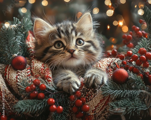 A cute kitten nestled in festive decorations, surrounded by vibrant colors and holiday cheer. photo