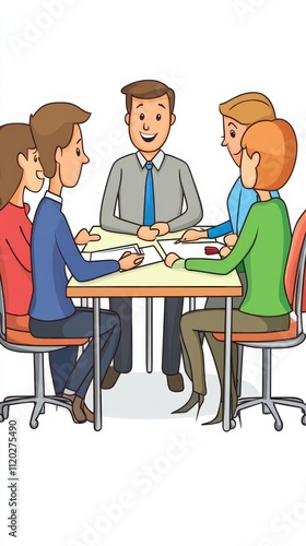 A team leader brainstorming with coworkers around a table on a clean white background