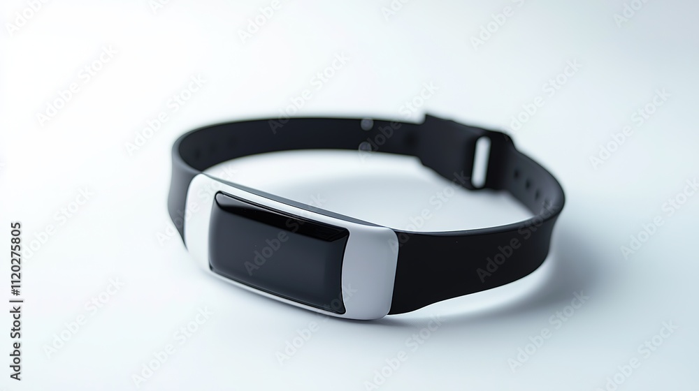 A sleek black fitness tracker with a metallic accent, designed for monitoring health and activity levels, displayed on a simple white background. A sleek black fitness tracker with a metallic accent, designed for monitoring health and activity levels, displayed on a simple white background.
