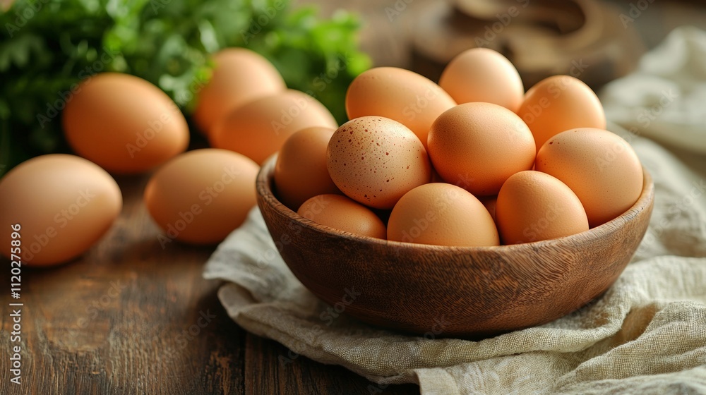Fresh brown eggs in a wooden bowl on rustic table Fresh brown eggs in a wooden bowl on rustic table