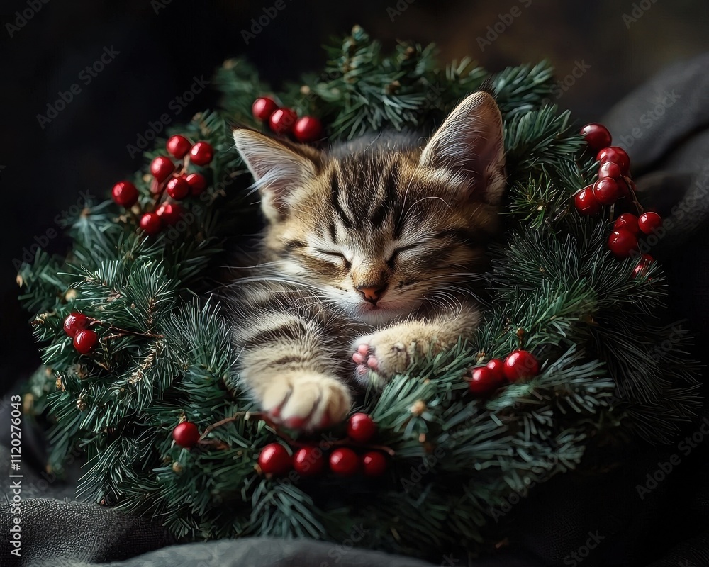 A sleepy kitten nestled in a festive wreath of evergreen and red berries, radiating warmth and holiday cheer. A sleepy kitten nestled in a festive wreath of evergreen and red berries, radiating warmth and holiday cheer.