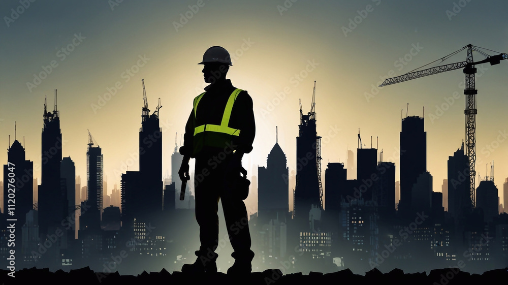Obraz premium Silhouette of a construction worker with a cityscape overlay, symbolizing urban development.