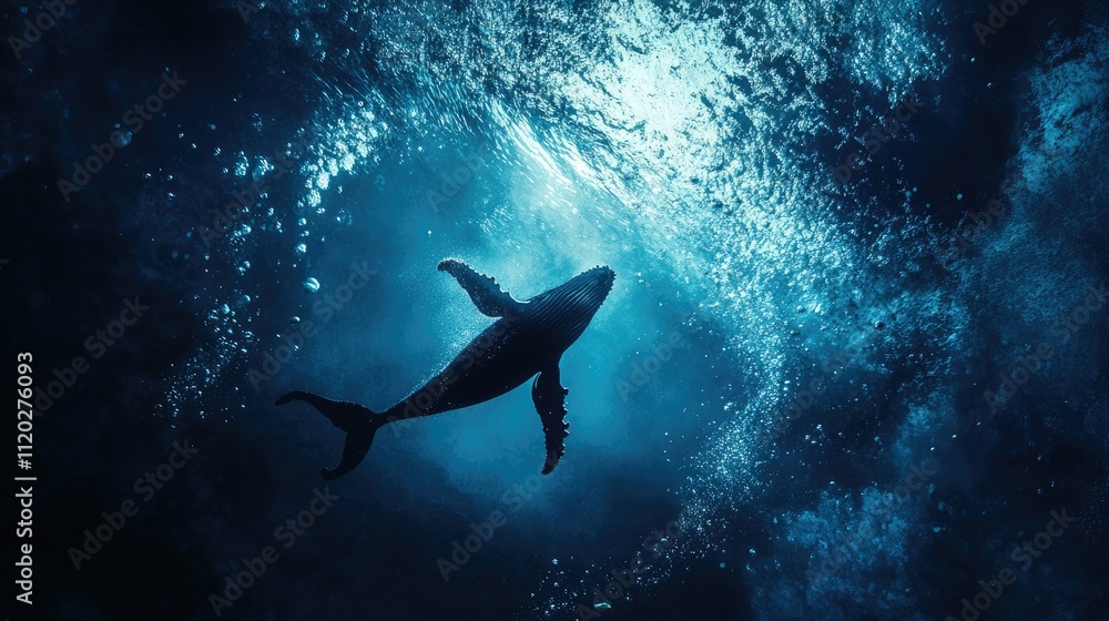 Fototapeta premium Crystal-clear ocean view of a humpback whale diving into a deep, dark blue expanse, leaving a trail of bubbles.
