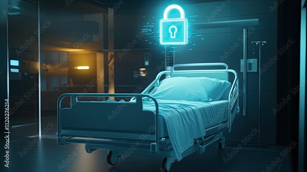 Fototapeta premium A conceptual image of a hospital bed with a glowing lock hovering above, representing secure patient information systems.