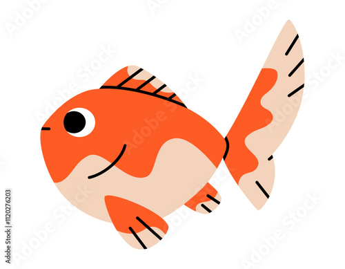 Hand drawn cute cartoon illustration of golden fish. Flat vector lucky sign in doodle style. Make a wish. Aquatic talisman icon or sticker. Water animal character. Hope for the best. Isolated.