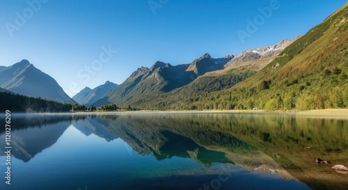 Serene mountain lake reflection on clear sunny day