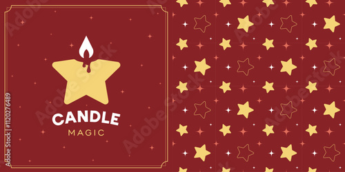 Magic candle in the shape of a star on a red background. Template of a sign or logo. Seamless background for printing on paper, packaging, souvenirs 