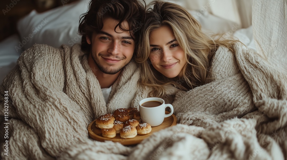 Cozy morning with couple enjoying coffee and pastries in bed Cozy morning with couple enjoying coffee and pastries in bed