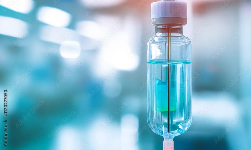 A clear IV bag filled with fluid, suspended in a medical environment. A clear IV bag filled with fluid, suspended in a medical environment.