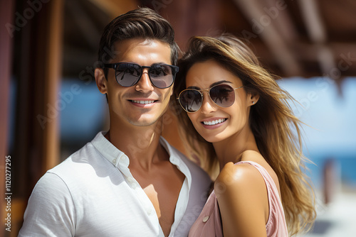 generated illustration of happy Asian couple lover in the resort.