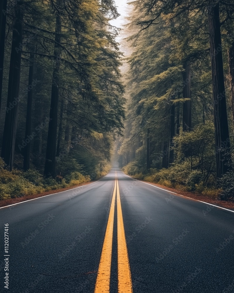 Fototapeta premium Straight Misty Forest Road Into the forest Rural Road