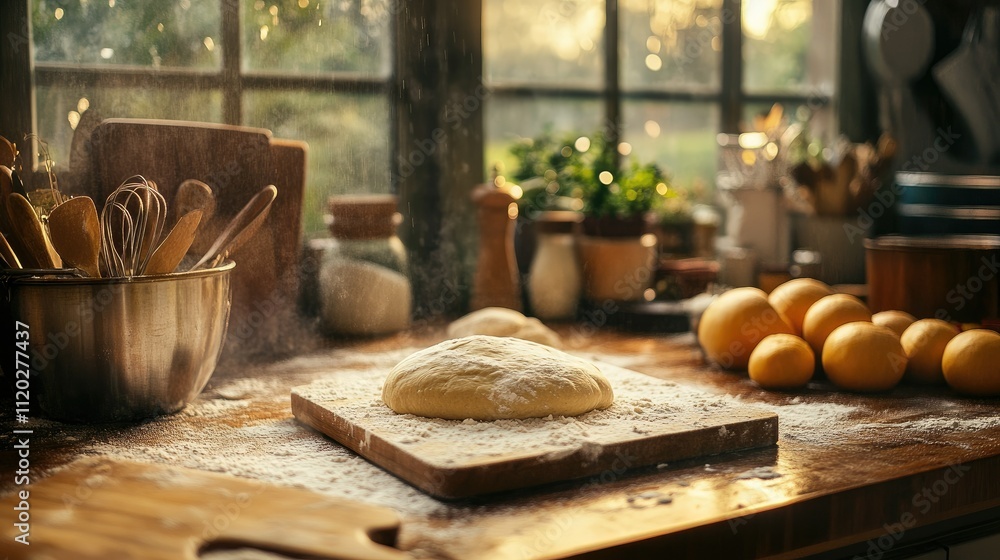 Fototapeta premium A rustic kitchen scene with dough, flour, and fresh lemons, inviting baking and culinary creativity.