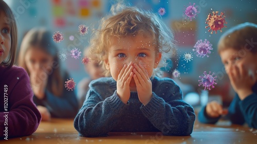 Child sneezing in classroom surrounded by colorful virus particles