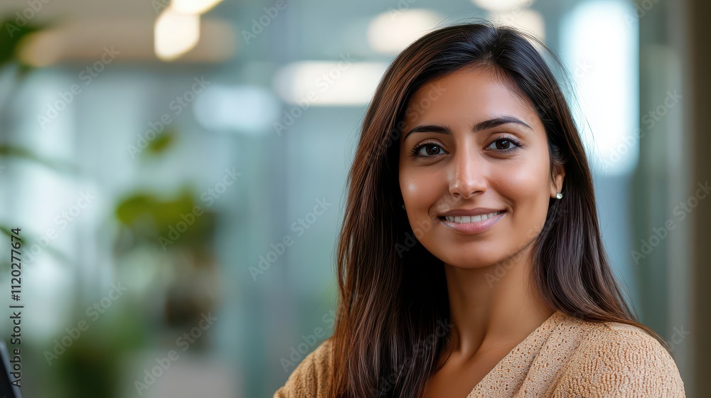 Smiling Young Woman with Long Hair in Modern Workspace Smiling Young Woman with Long Hair in Modern Workspace