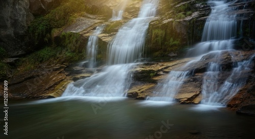 Serene waterfall in lush setting