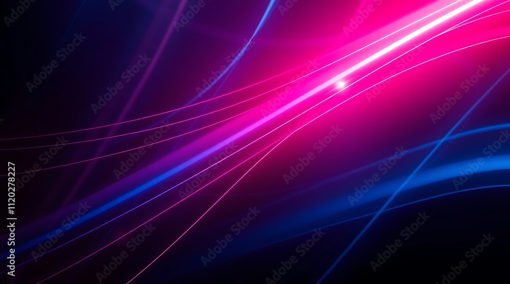 Obraz premium Neon Abstract: A vibrant burst of pink and blue neon light streaks across a dark background, creating an ethereal and captivating abstract art piece. The light is soft and warm.