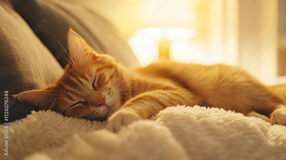 Ginger tabby cat peacefully naps on a soft, fluffy blanket, basking in the warm glow of sunlight, creating a cozy and tranquil scene Ginger tabby cat peacefully naps on a soft, fluffy blanket, basking in the warm glow of sunlight, creating a cozy and tranquil scene