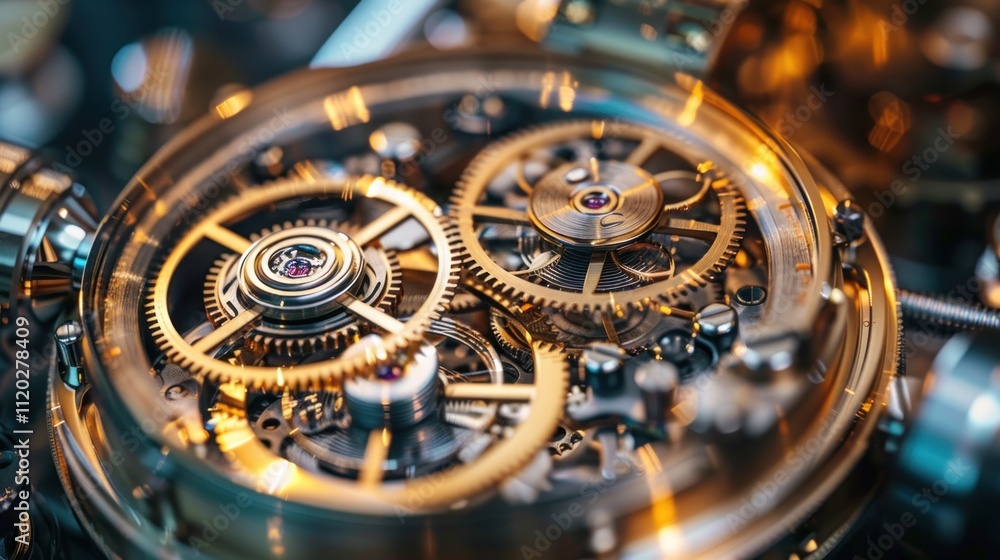 Close-up of intricate gold gears in a mechanical watch, showcasing precision engineering and craftsmanship. Close-up of intricate gold gears in a mechanical watch, showcasing precision engineering and craftsmanship.