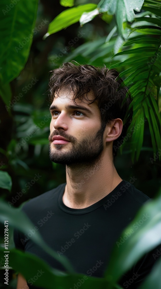 A man with a beard and mustache is standing in a jungle A man with a beard and mustache is standing in a jungle