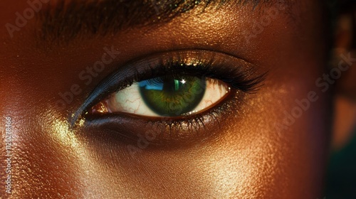 A vibrant green eye of a mixed-race individual, glowing with striking tonal blends and smooth contrasts