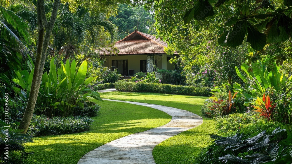 A serene garden path winding through lush greenery towards a tranquil house. A serene garden path winding through lush greenery towards a tranquil house.