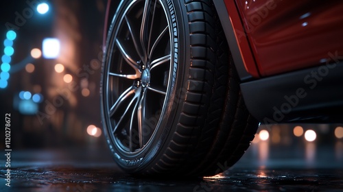 Close-up of a Car Wheel at Night: City Lights in Background photo