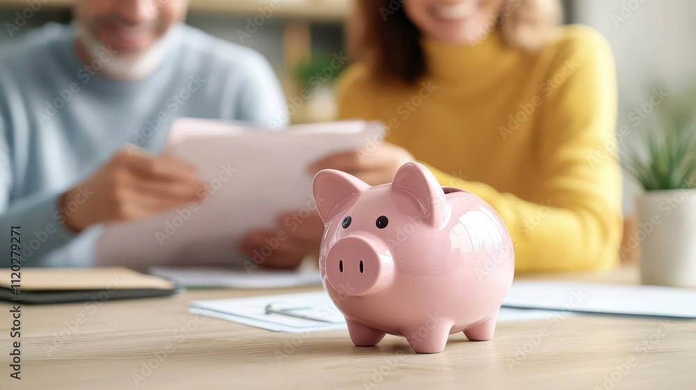Saving money concept. Couple reviewing financial documents with a piggy bank on the table, emphasizing savings and financial planning. Saving money concept. Couple reviewing financial documents with a piggy bank on the table, emphasizing savings and financial planning.