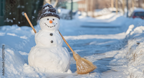 Snowman stands proudly on sidewalk during winter snowstorm in neighborhood