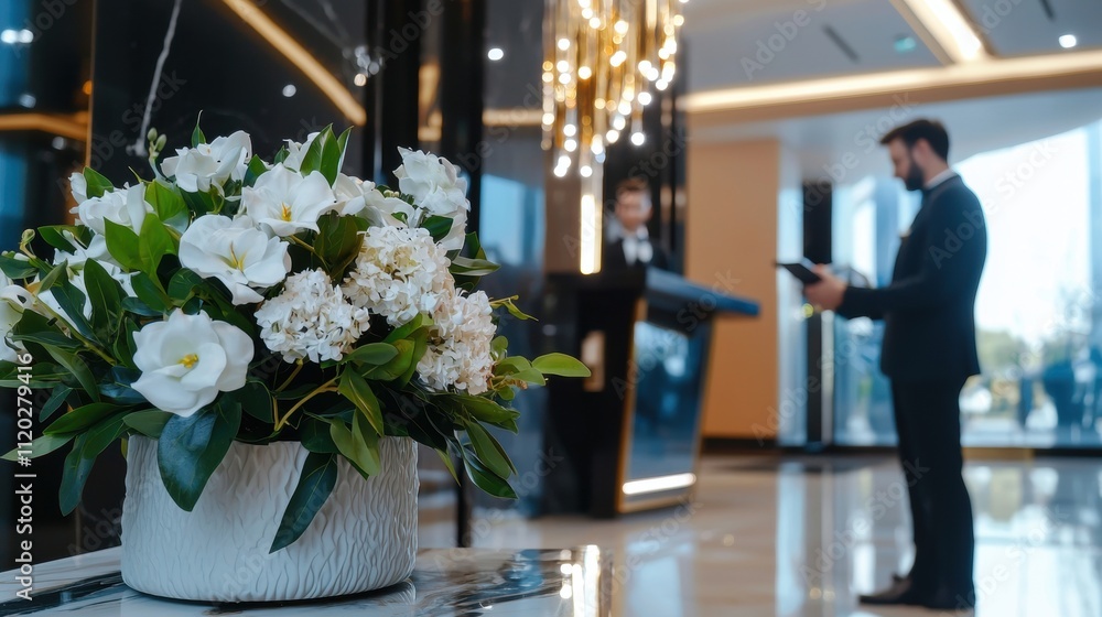 Assisting guests with check-in luxury hotel lobby hospitality service excellence elegant decor concierge experience Assisting guests with check-in luxury hotel lobby hospitality service excellence elegant decor concierge experience