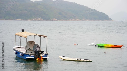A bird flies against the background of a small boat floating on the water
