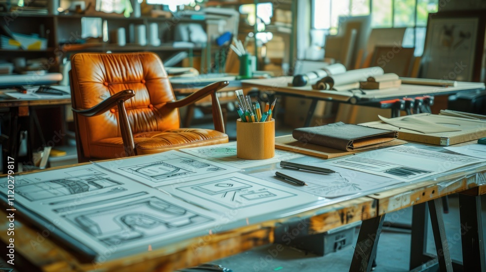 Artist's studio workspace with drawings, tools, and chair. Artist's studio workspace with drawings, tools, and chair.