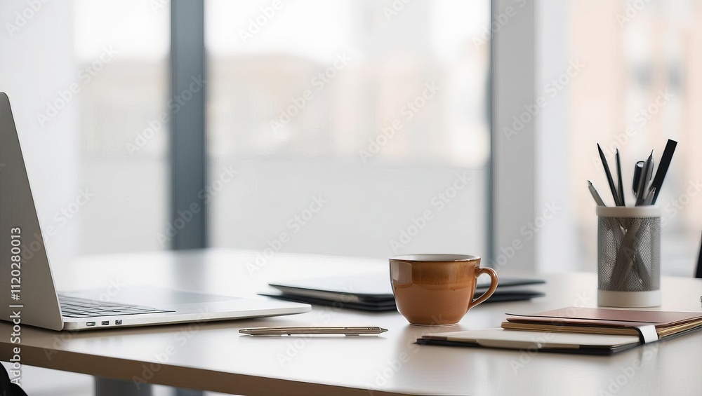 Blurred backdrop of an organized office desk with a laptop, coffee cup, and stationary.