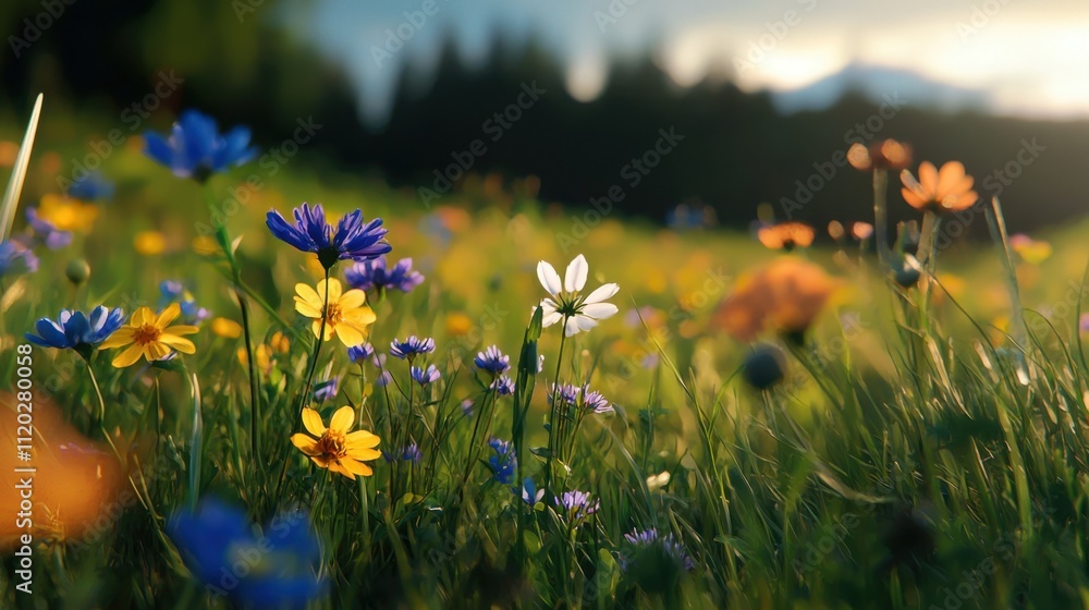 Fototapeta premium A field of flowers with a blue and yellow flower in the middle