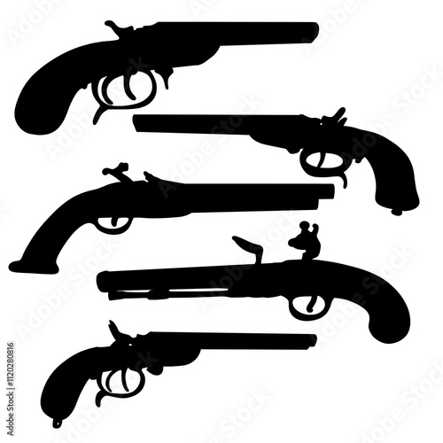 Vector Illustration Set of Vintage Pistol Silhouettes