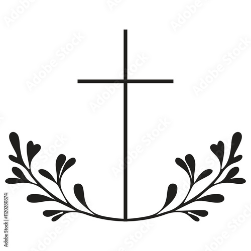 Church cross in leaves frame on white background. Death and funerals illustration.	
