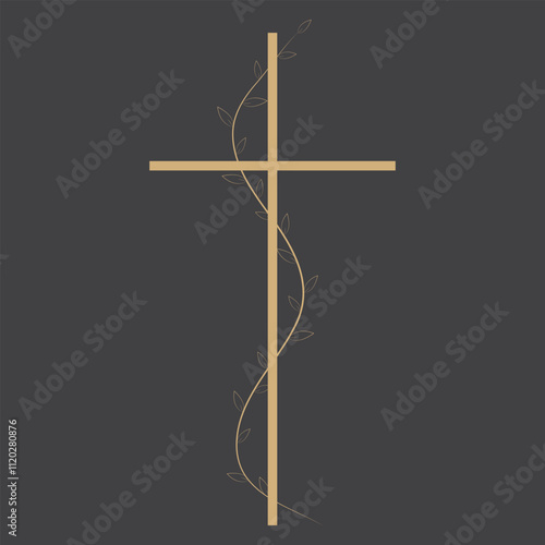 Church gold cross with leaves. Death and funerals illustration.