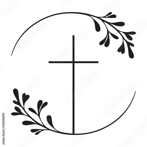 Church cross in leaves frame. Death and funerals illustration. Isolated in white
