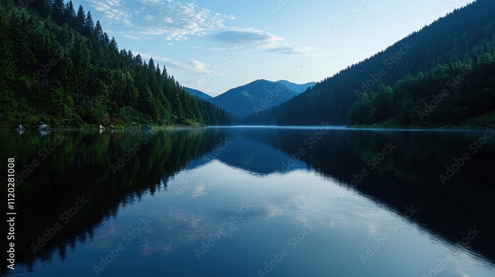 A serene lake surrounded by mountains with a clear blue sky A serene lake surrounded by mountains with a clear blue sky