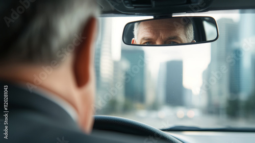Wallpaper Mural Experienced taxi driver adjusting the rearview mirror in a modern car in a busy city with skyscrapers in the background Torontodigital.ca