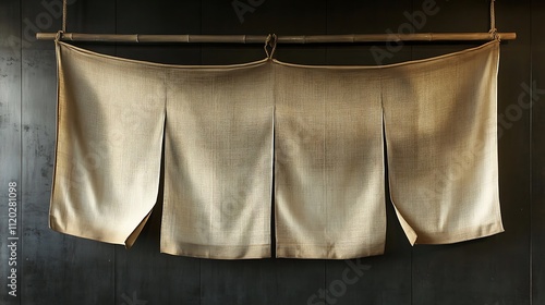 Japanese Traditional Beige Noren Curtain Hanging on Dark Wall