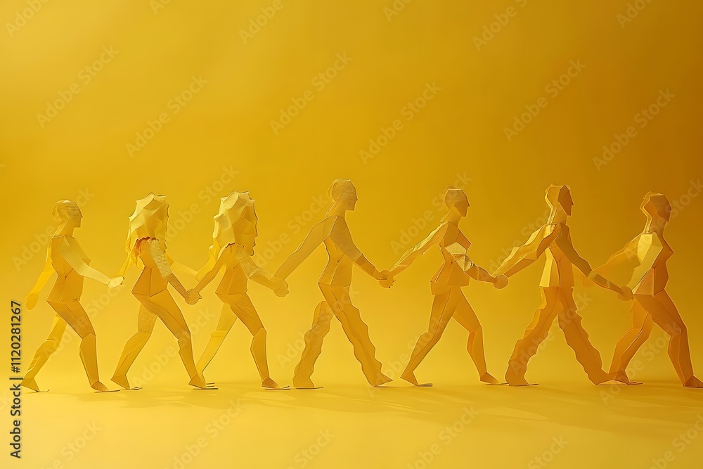 Vibrant Paper Figures in Motion Against a Yellow Background Vibrant Paper Figures in Motion Against a Yellow Background