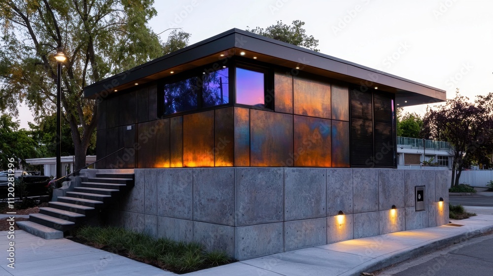 A modern house with a black roof and a blue tinted window A modern house with a black roof and a blue tinted window