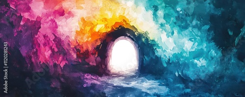 Watercolor illustration of abstract art. Colorful painting art of the empty tomb of Jesus. Easter or resurrection concept. He is risen. Generative AI.