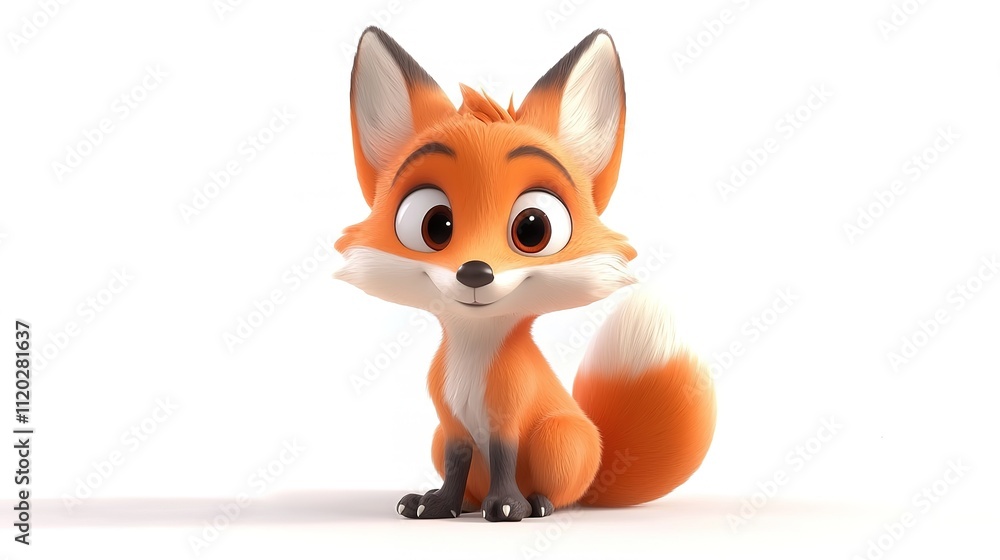 Fototapeta premium A cute, cartoon-style fox character with bright orange fur, large eyes, and a bushy tail, sitting playfully against a white background.